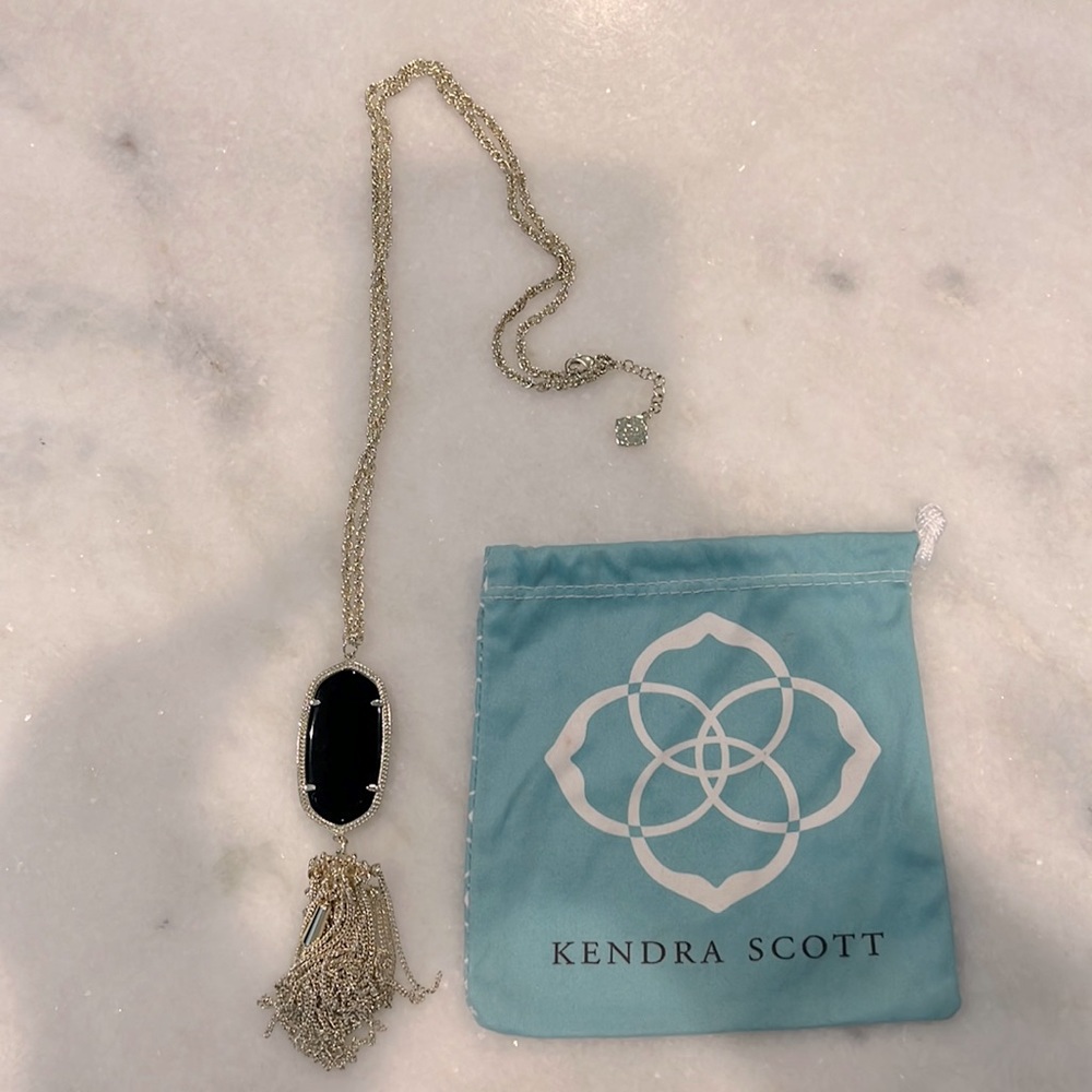 KENDRA SCOTT RAYNE NECKLACE BLACK STONE TASSEL LONG GOLD TONE